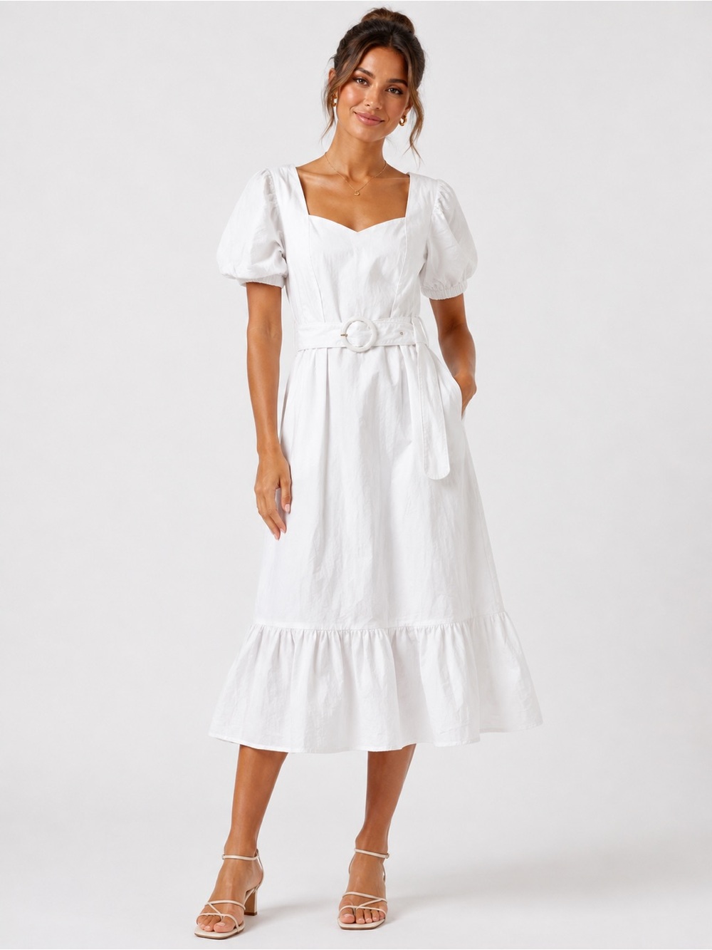 Endless Rose White Puff-Sleeve Midi Dress with Belt $128